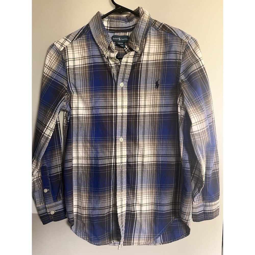 Polo Ralph Lauren Natural Stretch Button Down Shirt Blue Plaid Boys Medium 10-12